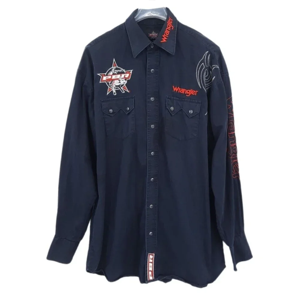 VTG 90s PBR Professional Bull Riders Wrangler Embroidered Pearl Snap Flame Shirt